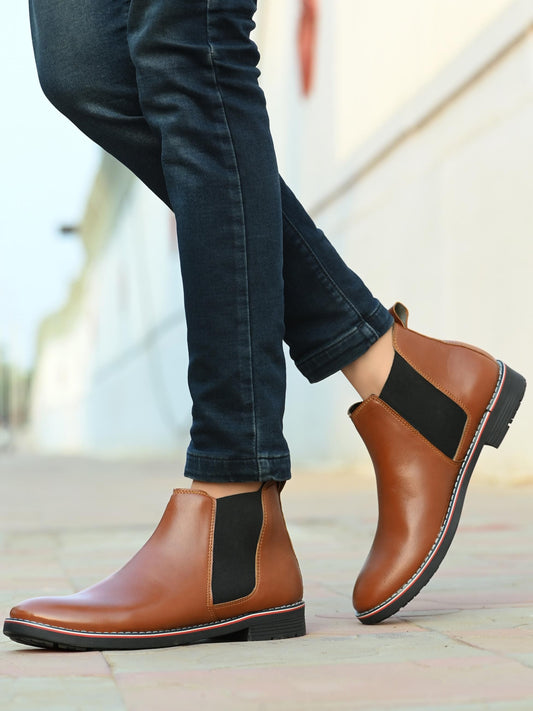 Men Textured Leather Mid-Top Chelsea Boots Tan